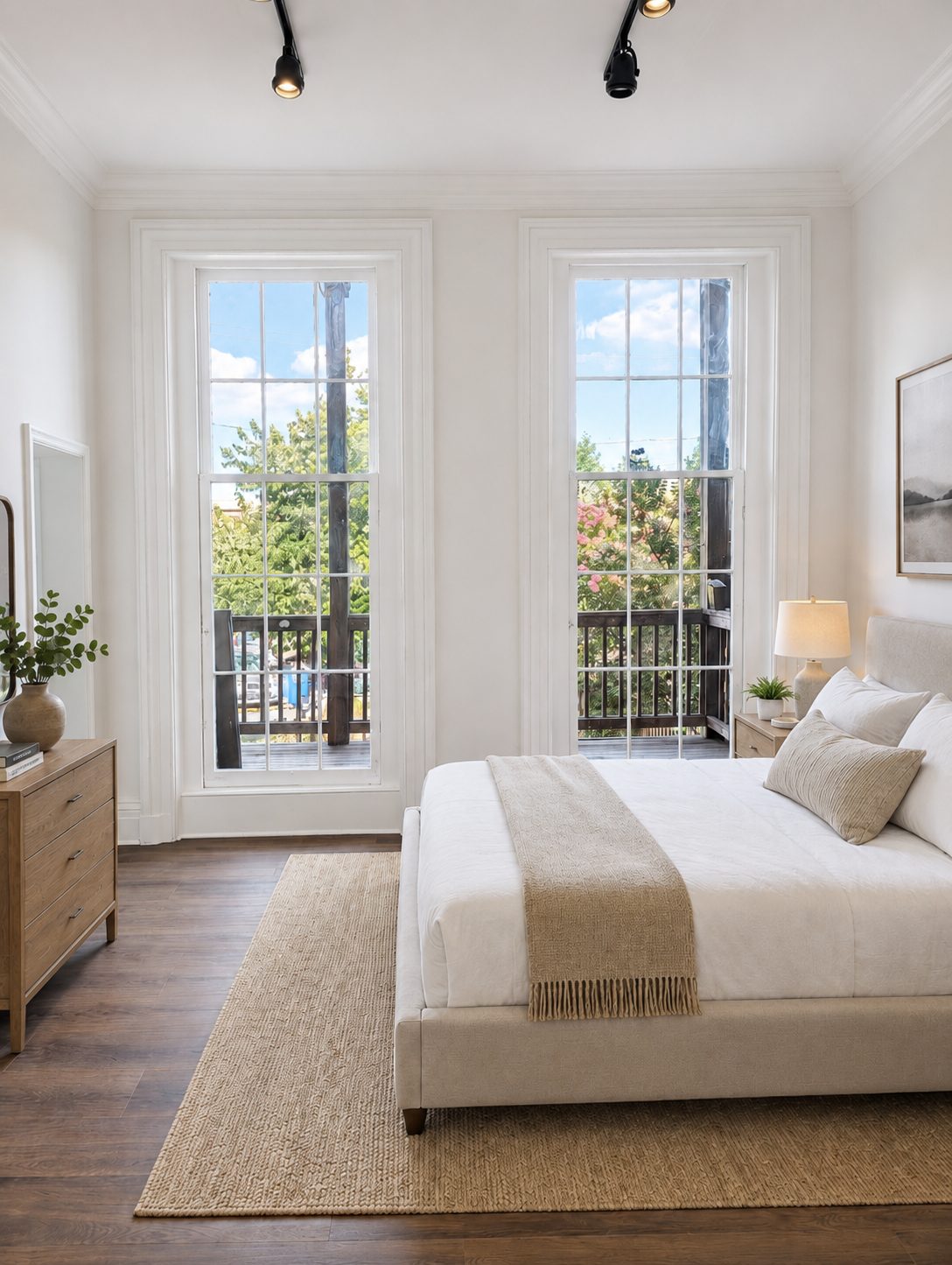 Bright bedroom with floor-to-ceiling historic windows