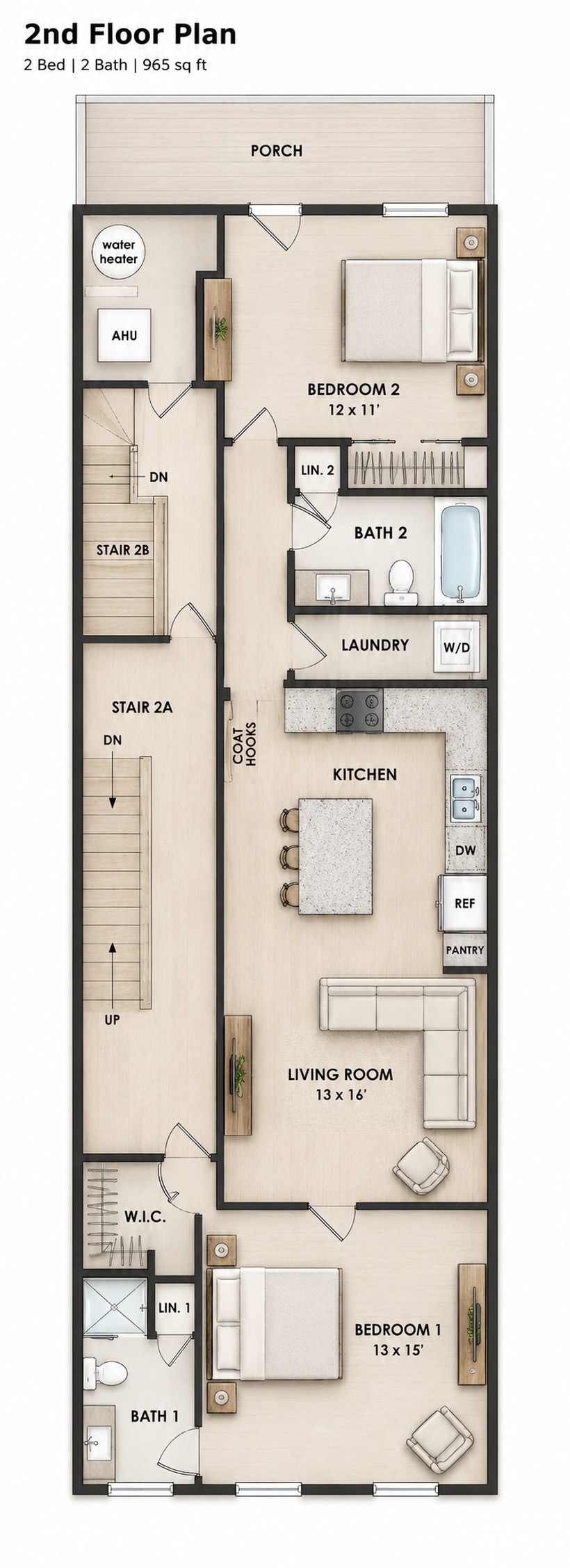 Second Floor Residence plan: two bedrooms, two baths, laundry, porch, walk-in closet, and open kitchen-living room