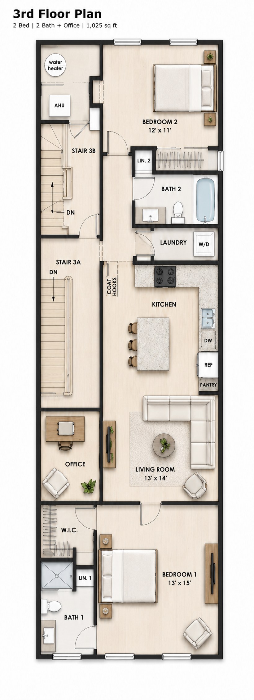 Third Floor Residence plan: two bedrooms, two baths, office, laundry, walk-in closet, and open kitchen-living room