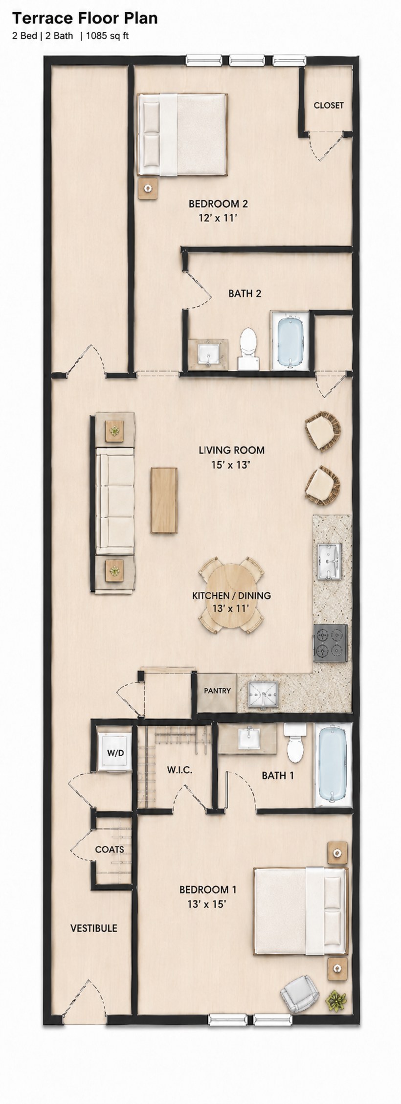 Terrace Residence plan: two bedrooms, two baths, walk-in closet, pantry, and open kitchen-dining living room
