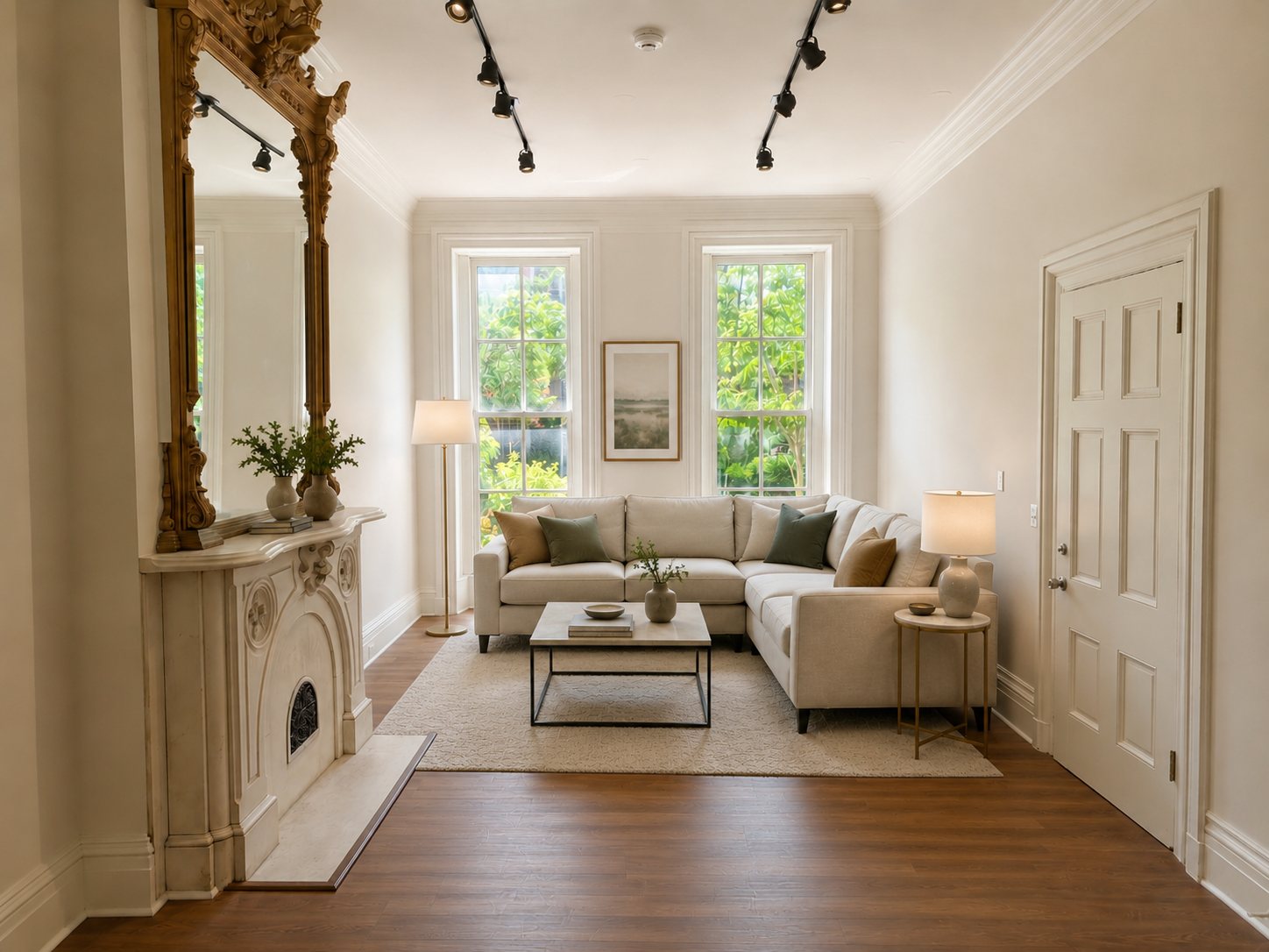 Sunlit living space with historic fireplace and modern furnishings