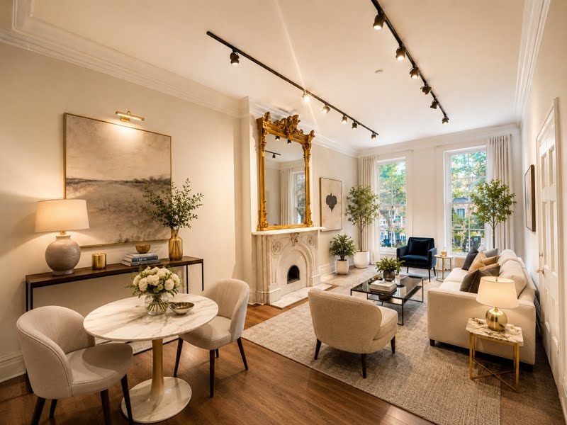 Staged parlor at The Cal: gilded mirror over a carved marble fireplace, dining table, and tall sunlit windows