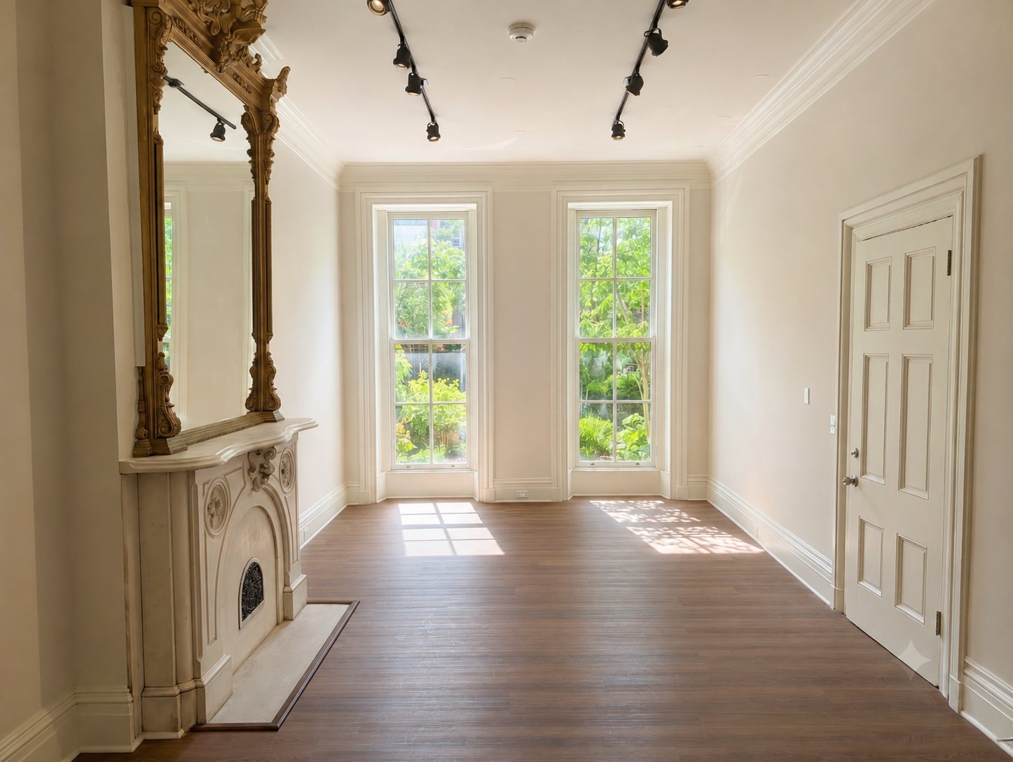 Original gilded mirror and carved marble fireplace beneath crown molding at The Cal